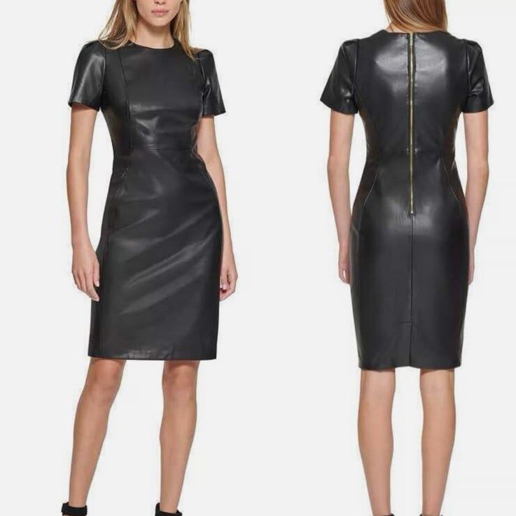 Calvin Klein Short Sleeve Black Faux Leather Sheath Dress Exposed Zip